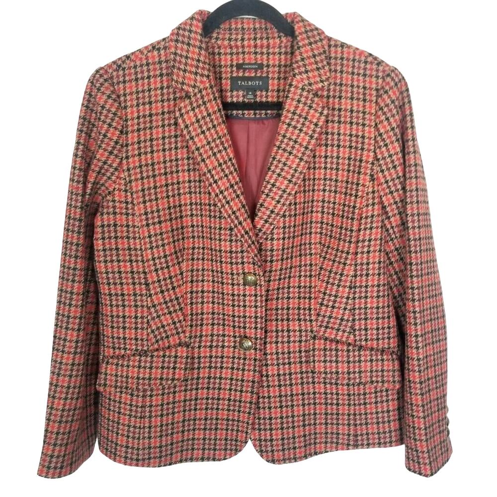 Talbots Womens Wool Houndstooth Aberdeen Blazer Size 14 Classic Preppy Academia
